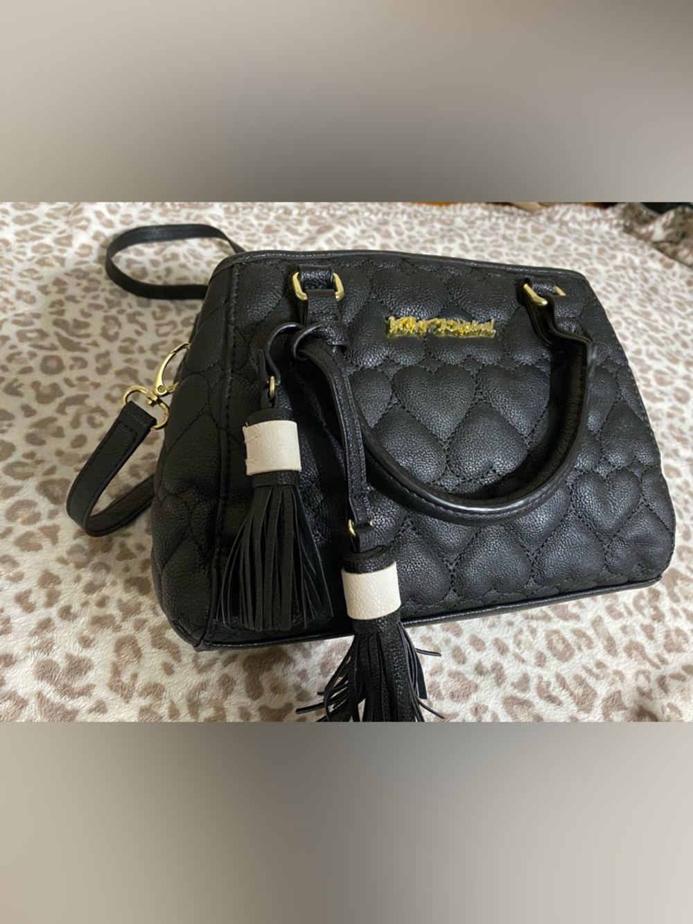 Betsey Johnson Black Quilted Heart Crossbody Satchel with Tassels